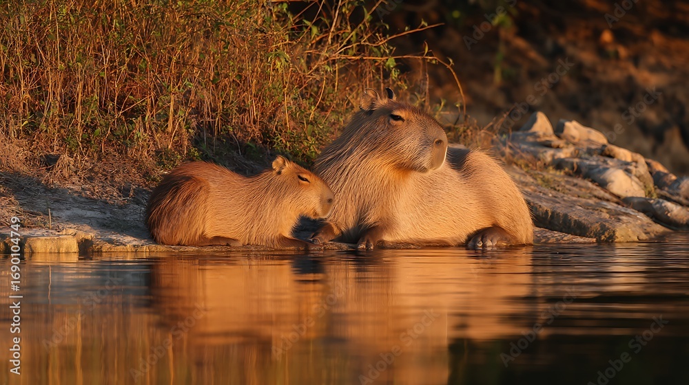 A capybara family resting by the riverbank, the worlds largest rodent ...