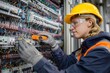 © Rifqi - Female electrician testing electrical panel with multimeter in industrial setting, concept for electrical maintenance, power distribution and industrial safety