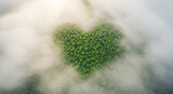 Aerial view of heart shaped forest surrounded by clouds, symbolizing love nature