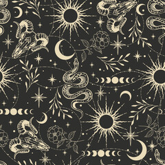 Wall Mural - Seamless pattern with snakes, sun, moon, plants and stars. Mystical esoteric background for design of fabric, packaging, astrology, phone case, wrapping paper.