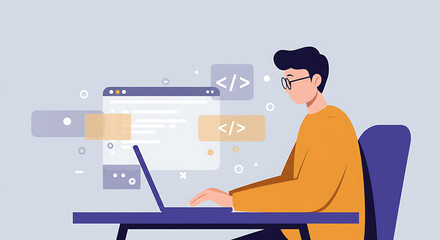 Illustration of a software developer focused on coding and programming for future technology