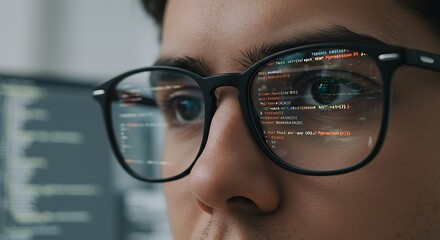 Close-up of a person wearing glasses, with code reflecting in the lenses, focused on a computer screen.