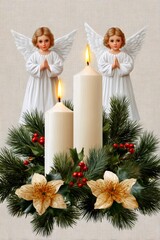 Wall Mural - two praying angels flanking burning candles on christmas centerpiece