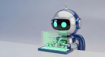 Robot Typing on Keyboard with Screen Displaying Code