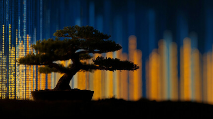 Bonsai tree silhouette with binary code background. Digital data stream and abstract light lines. Nature and technology