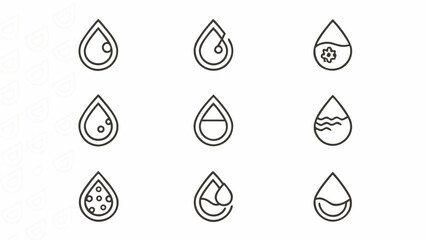 Wall Mural - Illustration showing nine water drop icons with various designs inside, all outlined in a simple style