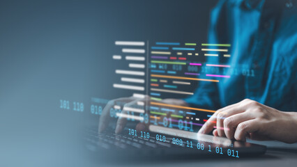Software development business concept. Programmer coding computer. Developer programming web application technology. Software engineer. web developer.