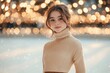 © hkjdesign - A young woman with freckles, wearing a beige turtleneck sweater, stands in a snowy, bokeh-lit setting.