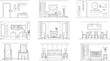 © SampaRani - Vector vector art of set of handdrawn interior architectural elevations depicting various furnished rooms transparent background