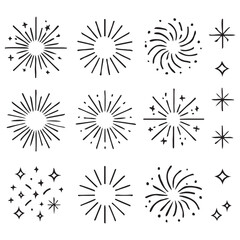 firework linear sun icons, circular fireworks starburst explosion with sparkles. Vibrant festive decoration, 
celebration design vector