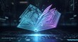 © Digion - Futuristic Digital Book with Glowing Neon Tech Pages on Circuit Board Background, Representing AI, E-learning, and Information Technology