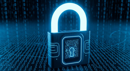 Cybersecurity lock protecting digital data with binary code glows in blue, demonstrating data privacy