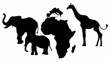 Silhouette of africa continent map with giraffe and elephants in black and white illustration art