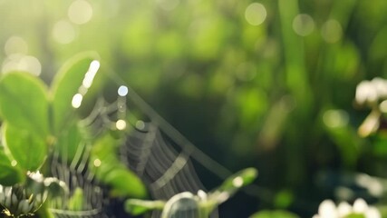 Close-up of dewy spiderweb suspended among lush green clover plants in a field, capturing morning light