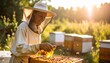 © ardi - A Smiling Beekeeper Inspecting a Honeycomb in a Lush Outdoor Apiary with Bees