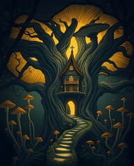 Wall Mural - Enchanted Treehouse at Night - A whimsical treehouse nestled within a giant, gnarled tree glows warmly against a moonlit forest backdrop. 