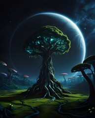 Wall Mural - night landscape with moon and stars