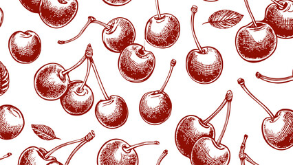 vintage drawing cherry sketch wallpaper. red pattern on white background, sketch style.