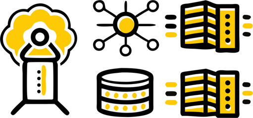 A collection of abstract conceptual icons representing ideas connections data storage and technology development in modern business operations