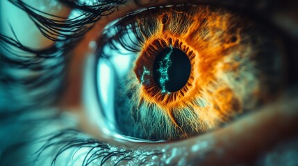 Wall Mural - An eye emerges with vibrant colors and intricate details. The captivating iris draws attention and sparks curiosity. Discover the beauty within. Generative AI