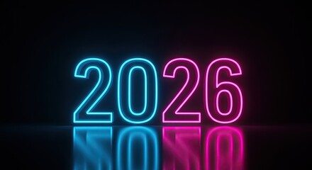 Wall Mural - Neon 2026: Futuristic Glowing Numbers on Reflective Surface