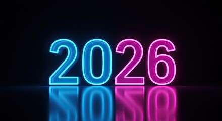 Wall Mural - Neon 2026: Futuristic Year Number with Vibrant Blue and Pink Glow.