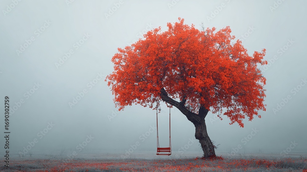 Single strong oak tree with swing tied to branch, leaves fiery red ...