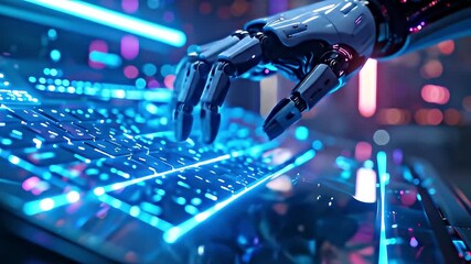 Futuristic Robotic Hand Interacting with Keyboard, Technology Concept