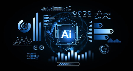 Artificial intelligence data analytics interface with futuristic HUD bar charts, circular graphs, and percentage gauges on dark background concept. 3D Rendering