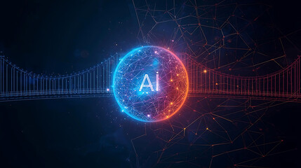 Futuristic Artificial Intelligence sphere with digital data network connections on a dark blue background, representing machine learning and global technology