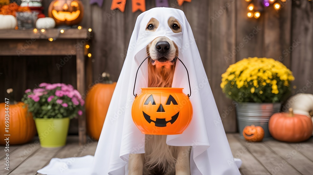 Adorable golden retriever dog dressed as a ghost for halloween holding a trick or treat pumpkin bucket Stock Photo