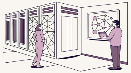 Wall Mural - Illustration of two people in a modern office space one examining a network diagram on a screen the other observing servers.