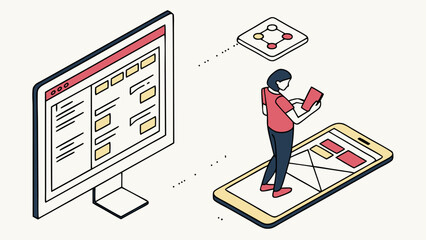 Wall Mural - Isometric Illustration of Person Using Computer and Mobile Device for Web Design or App Development.