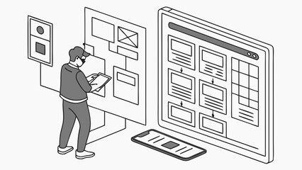 Isometric Illustration of User Interface Design and Development Process on Computer Tablet and Mobile Phone.