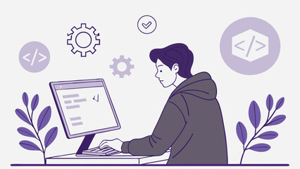 Wall Mural - Person coding on computer software development programming concept illustration.