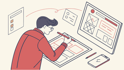 Wall Mural - Person working on design project UX UI design website mockup user interface flat lay illustration graphic design modern workspace creative process digital art computer screen planning sketching drawi.