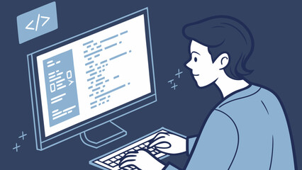 Programmer coding on computer software development web development digital illustration.