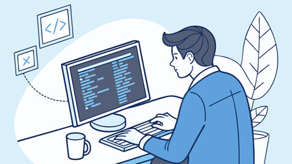 Wall Mural - Programmer working on computer coding software development illustration digital art flat design modern clean simple blue technology workplace office desk keyboard screen code programming software com.