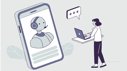 Wall Mural - Smartphone App Customer Support Chatbot Interface Online Help Digital Assistance AI Technology Illustration.