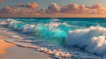 Wall Mural - Crystal-clear turquoise wave crests on a sandy shore during a vibrant sunset. Golden light reflects on the water beneath fluffy clouds.