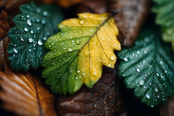 Wall Mural - Vibrant Autumn Leaf With Dewdrops on Colorful Foliage