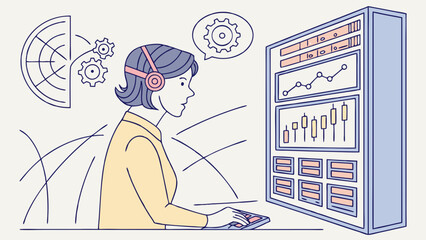 Woman using a computer with data visualization and analytics interface concept illustration of data analysis technology business intelligence information processing digital dashboard online monitorin.