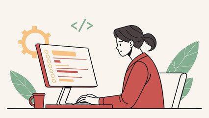 Woman working on computer programming coding software development modern workplace technology illustration office desk digital web design ui design ux design interface screen keyboard mouse code prog.
