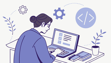 Wall Mural - Woman working on laptop programming coding software development online business checklist technology modern workspace illustration design digital art flat design vector graphic purple blue simple min.