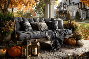 Wall Mural - Cozy Autumn Porch Decor with Cushioned Swing and Pumpkins for Seasonal Relaxation