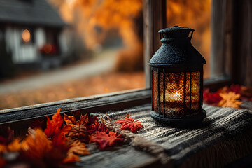 Wall Mural - Cozy Autumn Scene with Rustic Lantern and Vibrant Fall Foliage for Seasonal Decor