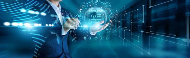 Software engineers connect to a global network. Web development, designing responsive websites, coding interactive interfaces, optimizing user experience, managing full-stack solutions.