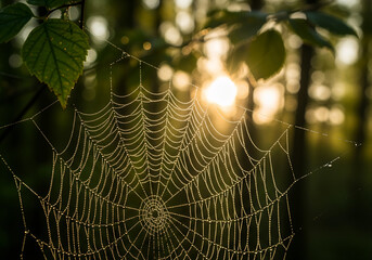 A delicate spider web glistens with morning dew, illuminated by the soft, golden light of the rising sun filtering through the forest canopy.