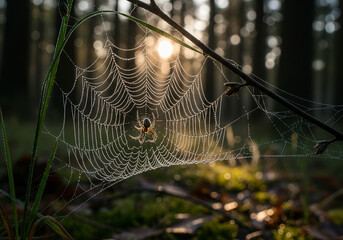 A delicate spiderweb glistens with morning dew, catching the soft sunlight filtering through the forest trees.