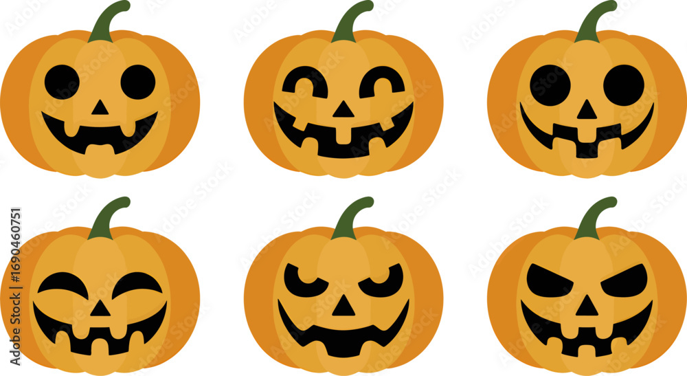 Six unique carved halloween jack o lantern pumpkin faces with spooky ...